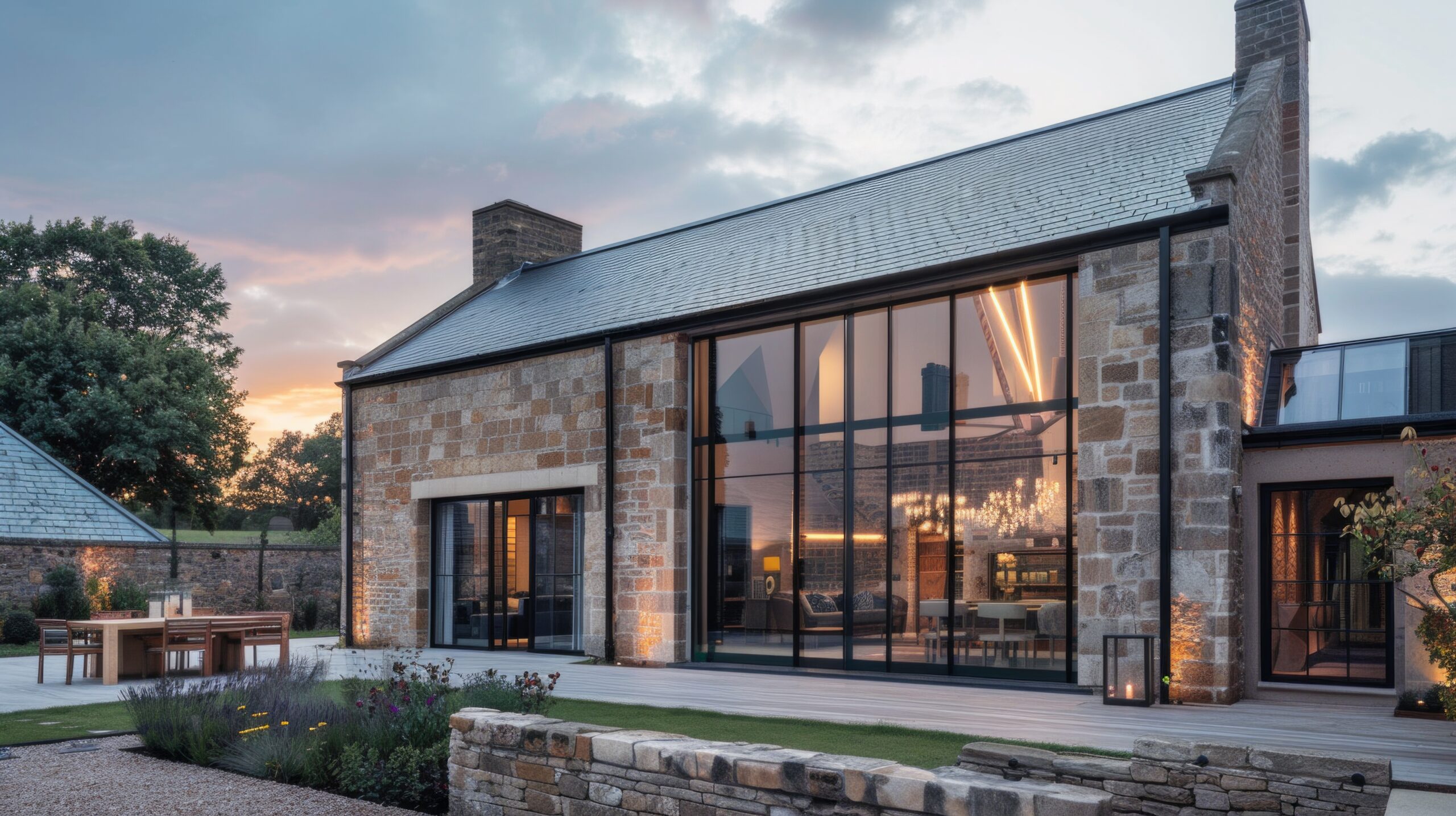 Restored stone property featuring contemporary glazing and modern architectural design